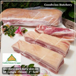Pork BELLY SKIN ON samcan frozen Germany GOLDSCHMAUS steak cuts 2.5cm 1" (price/pack 600g 2pcs)